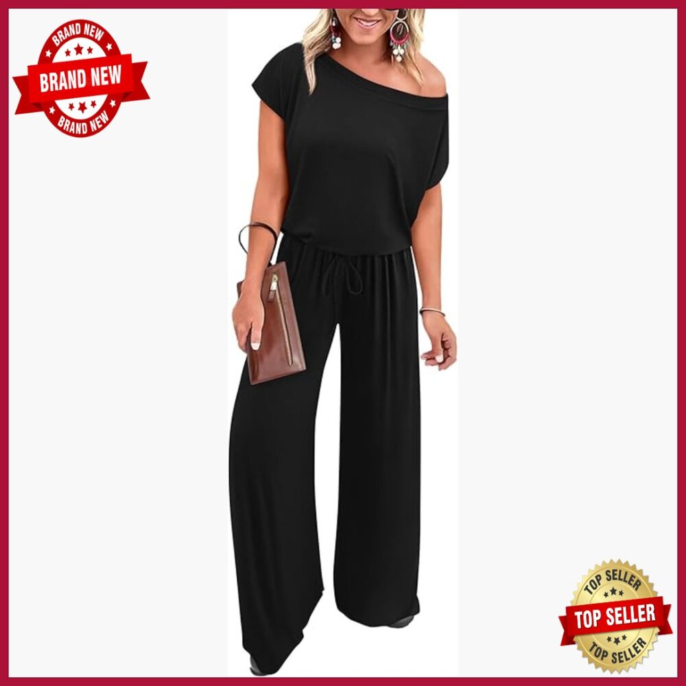 Loose Fit Off Shoulder Jumpsuit with Pockets, Elastic Waist, Wide Leg